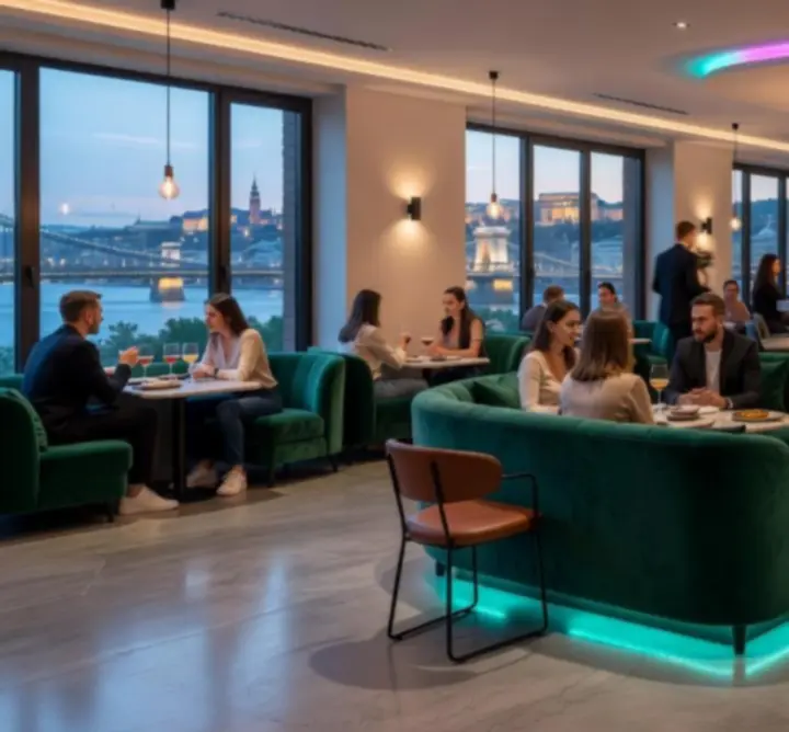 Modern, letisztult bárenteriőr színes hangulatvilágítással