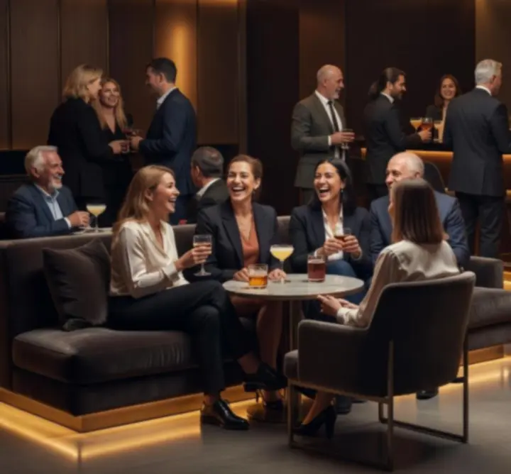 Vendégek beszélgetnek és szurkolnak egy vibráló, társasági hangulatú bárban